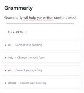 This image contains text with misspellings that read "Grammarly will help your written content excel."