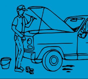 Image contains a graphic of a man changing oil on a truck.