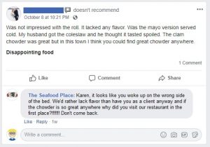 Image contains a screen shot of a bad review on Facebook.
