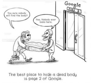 Image contains a sketch of two people carrying a body to an elevator. The elevator is labeled "Page 2 of search results."