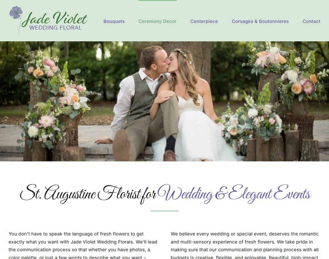 jade-violet-website-case-study-st-augustine-web-design Jade Violet Wedding Floral website homepage showing professional design that increased leads from 2 per week to 50+ per month for St Augustine florist