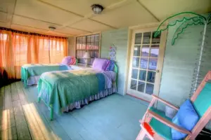 Interior view of a hotel bedroom.